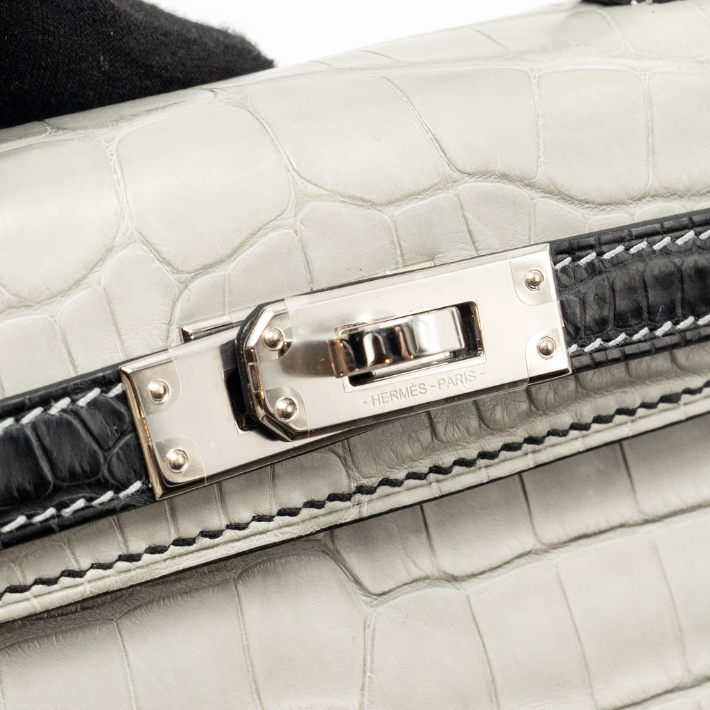 Hermes Mini Kelly II Alligator Mississippiensis Matt Gris Perle / black SHW