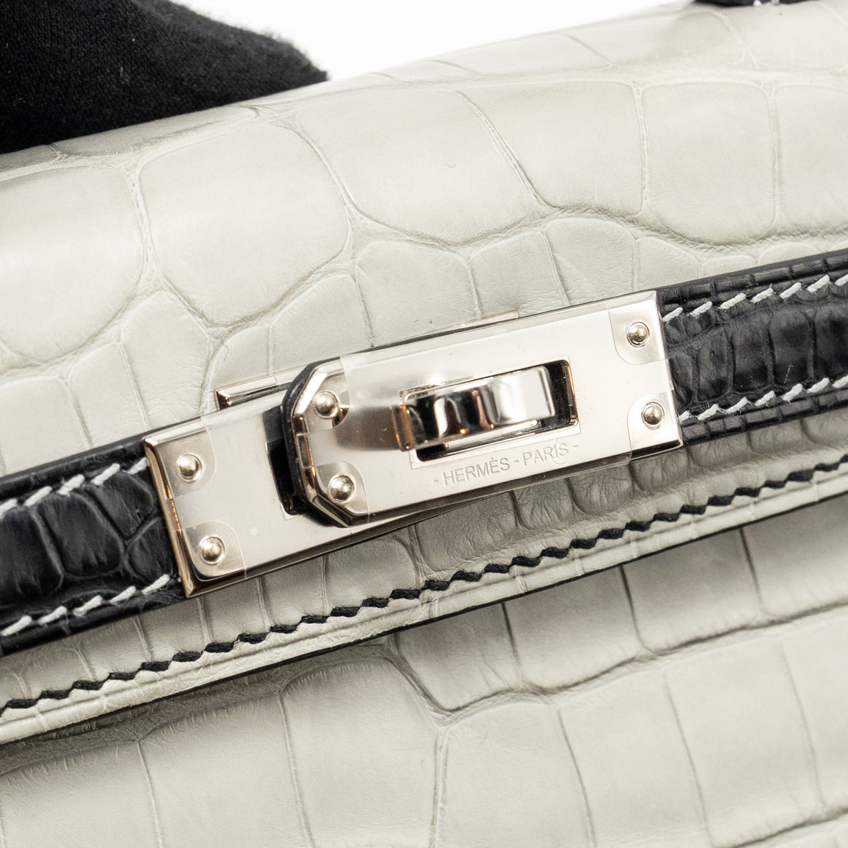 Hermes Mini Kelly II Alligator Mississippiensis Matt Gris Perle / black SHW