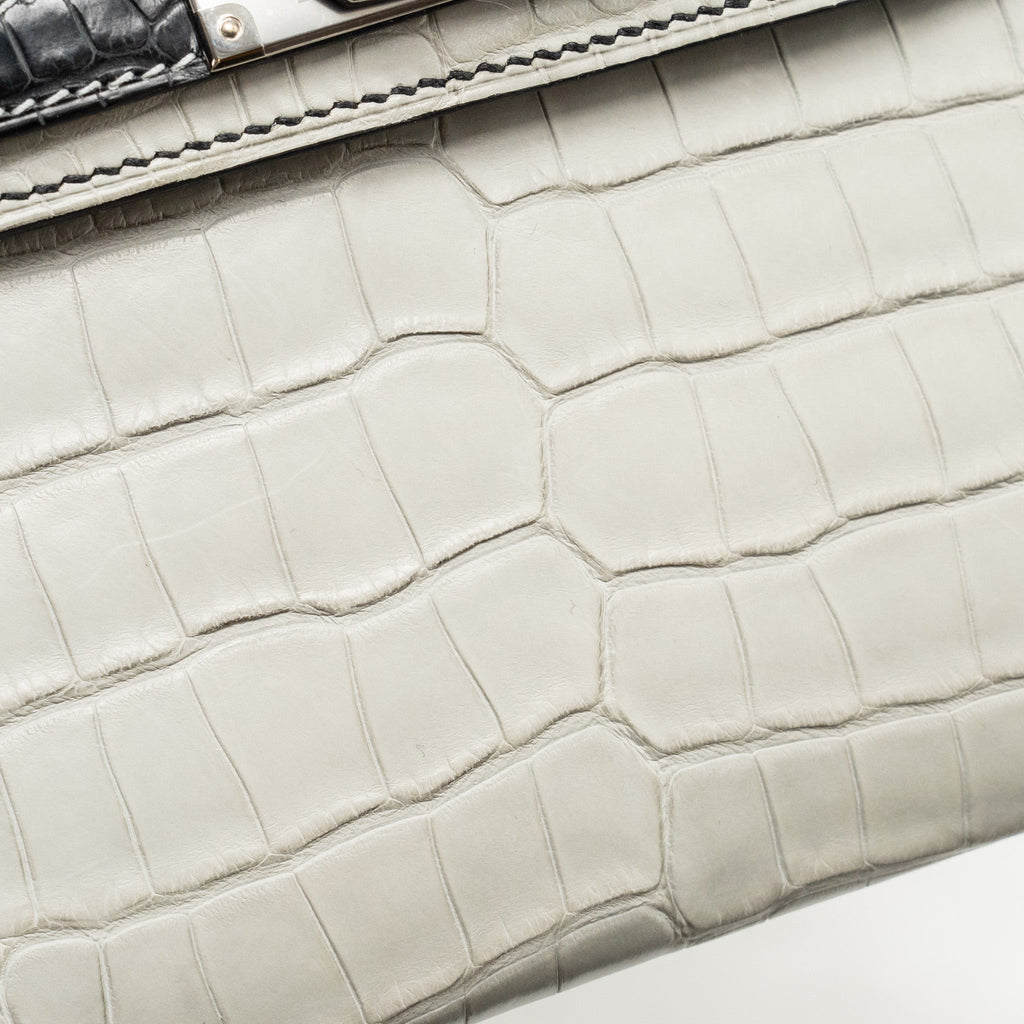 Hermes Mini Kelly II Alligator Mississippiensis Matt Gris Perle / black SHW