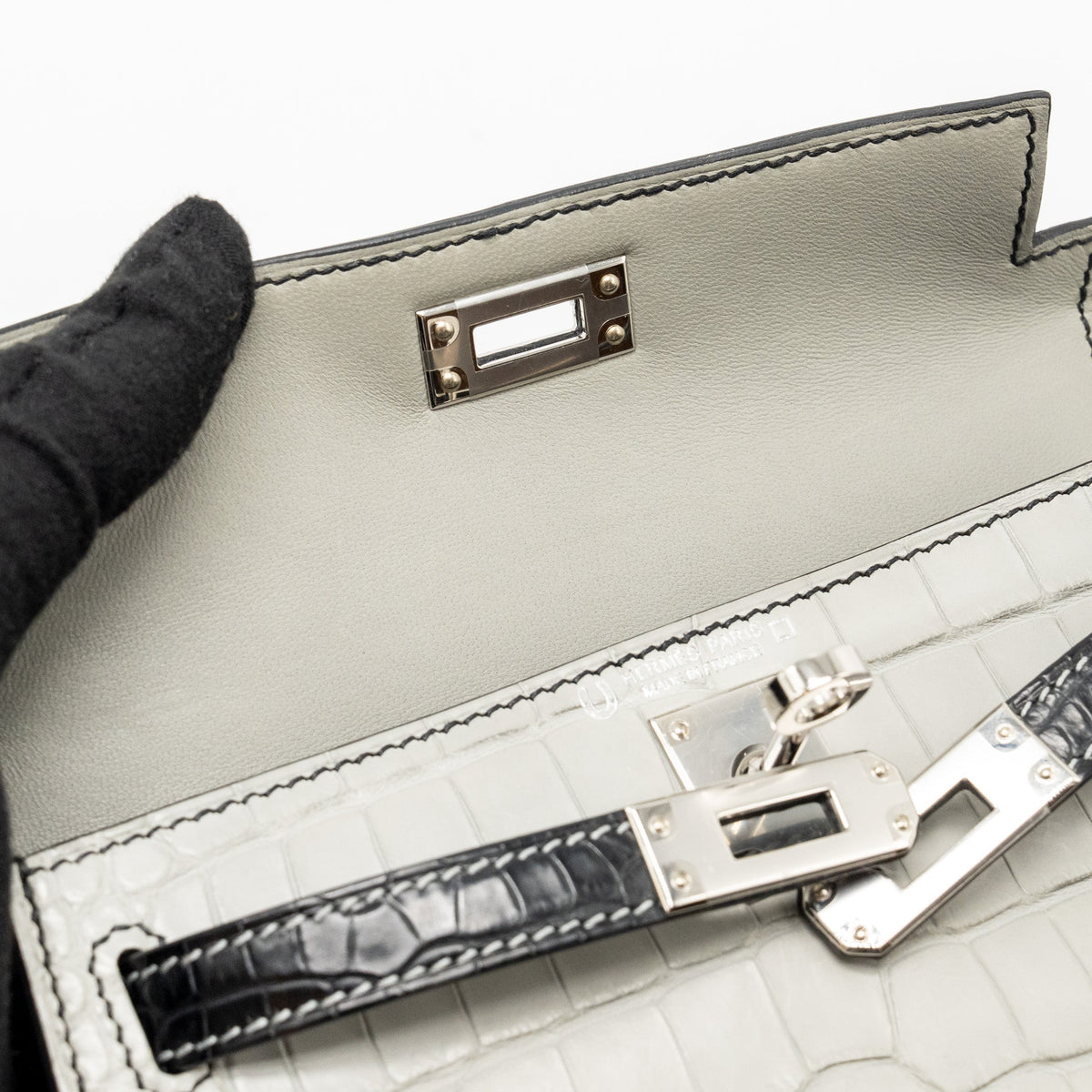 Hermes Mini Kelly II Alligator Mississippiensis Matt Gris Perle / black SHW
