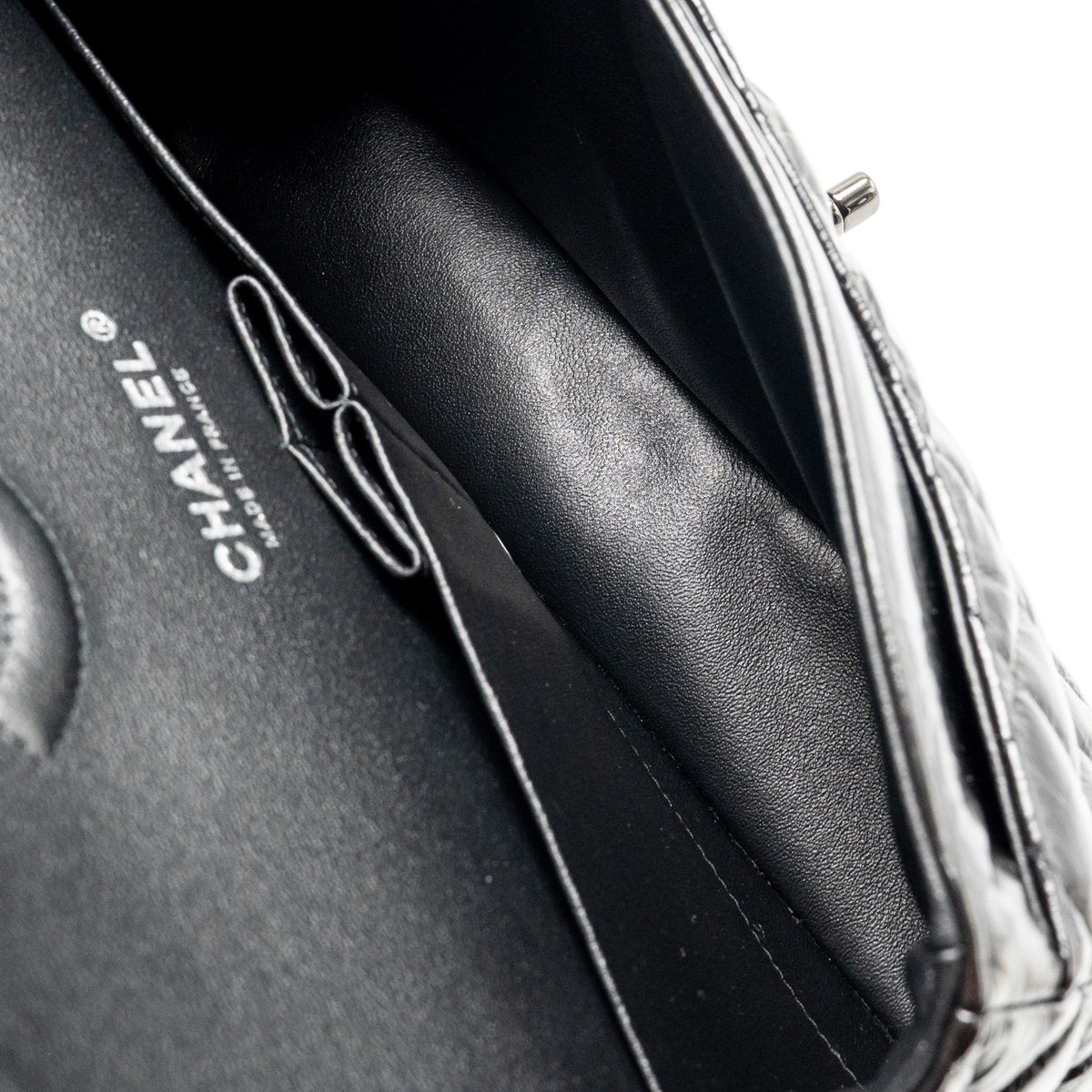 CHANEL MEDIUM CLASSIC DOUBLE FLAP BAG PATENT SO BLACK