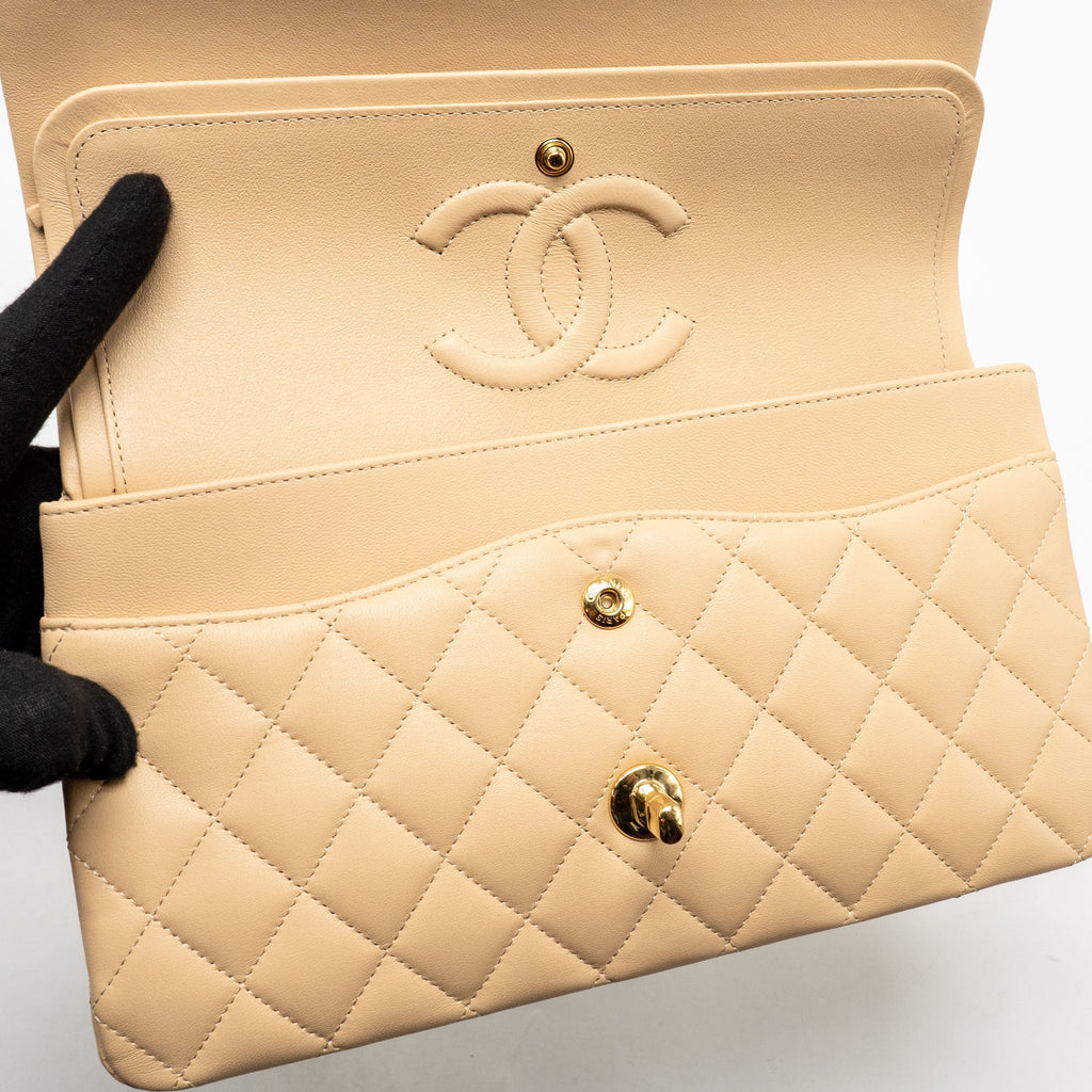 Chanel Medium Classic Double Flap Bag Lambskin Beige GHW (Microchip)