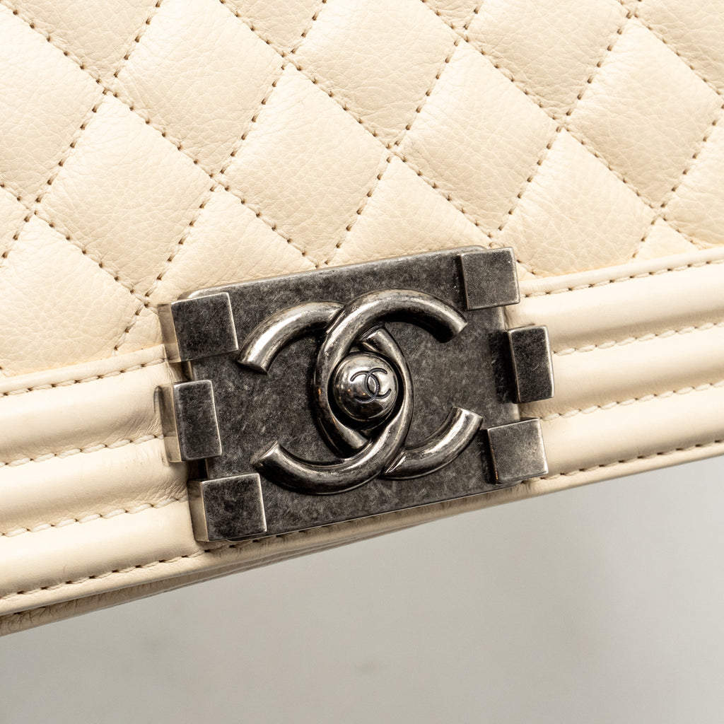 Chanel medium boy bag calfskin ivory ruthenium silver hardware