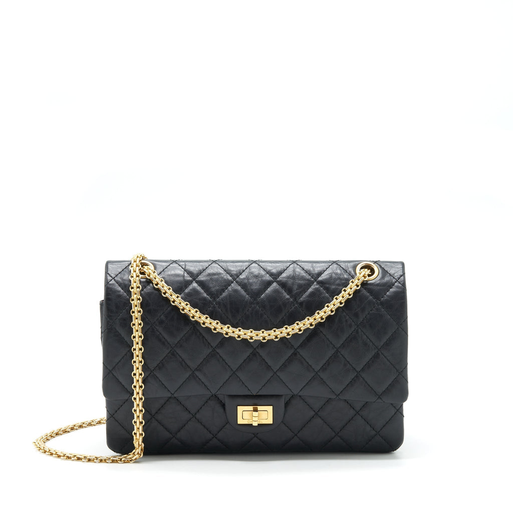 CHANEL 2.55 226 REISSUE MEDIUM DOUBLE FLAP BAG CALFSKIN BLACK RUTHENIUM GOLD HARDWARE
