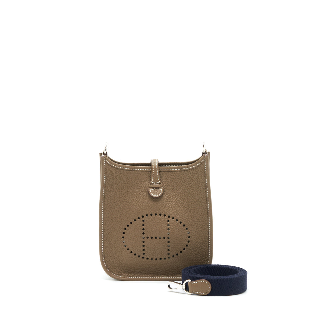Hermes Mini Evelyne Clemence Etoupe / Blue Indigo SHW