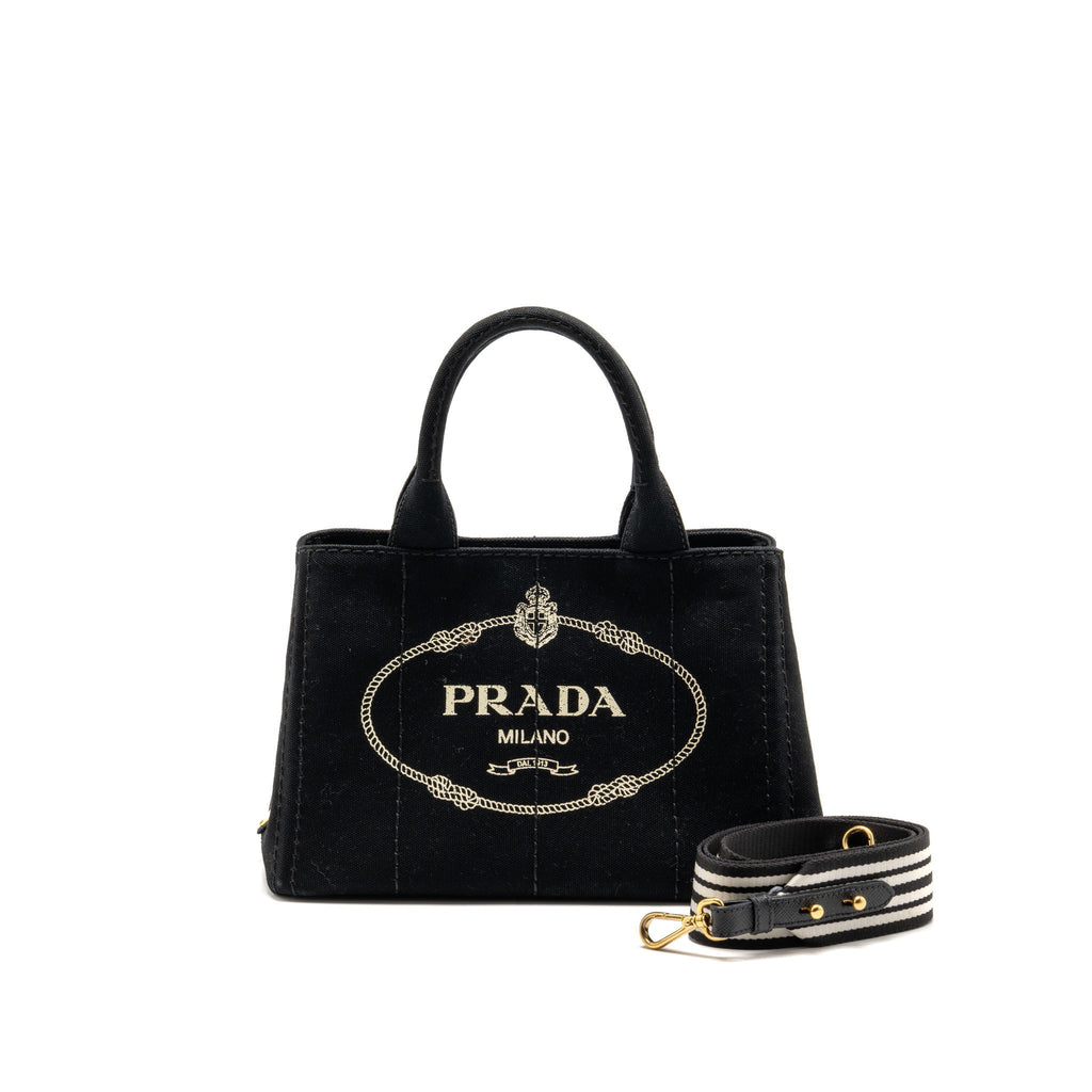 Prada Small Canapa Tote Bag Canvas Black/White GHW