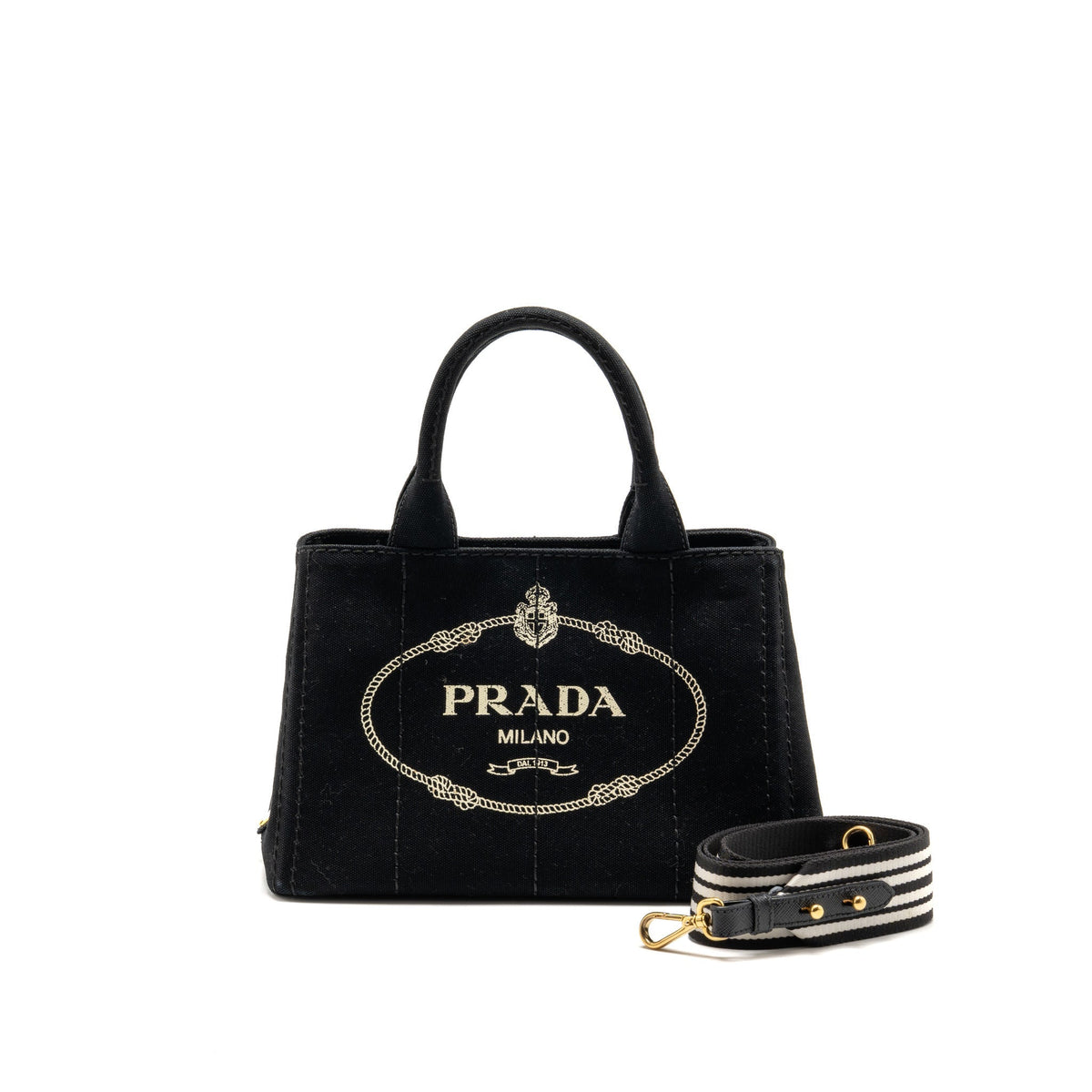 Prada Small Canapa Tote Bag Canvas Black/White GHW
