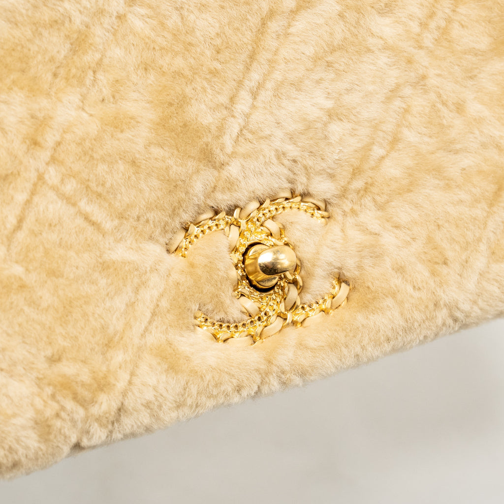Chanel Shearling Quilted CC Logo Flap Bag with Chain Lambskin Beige GHW (Microchip)