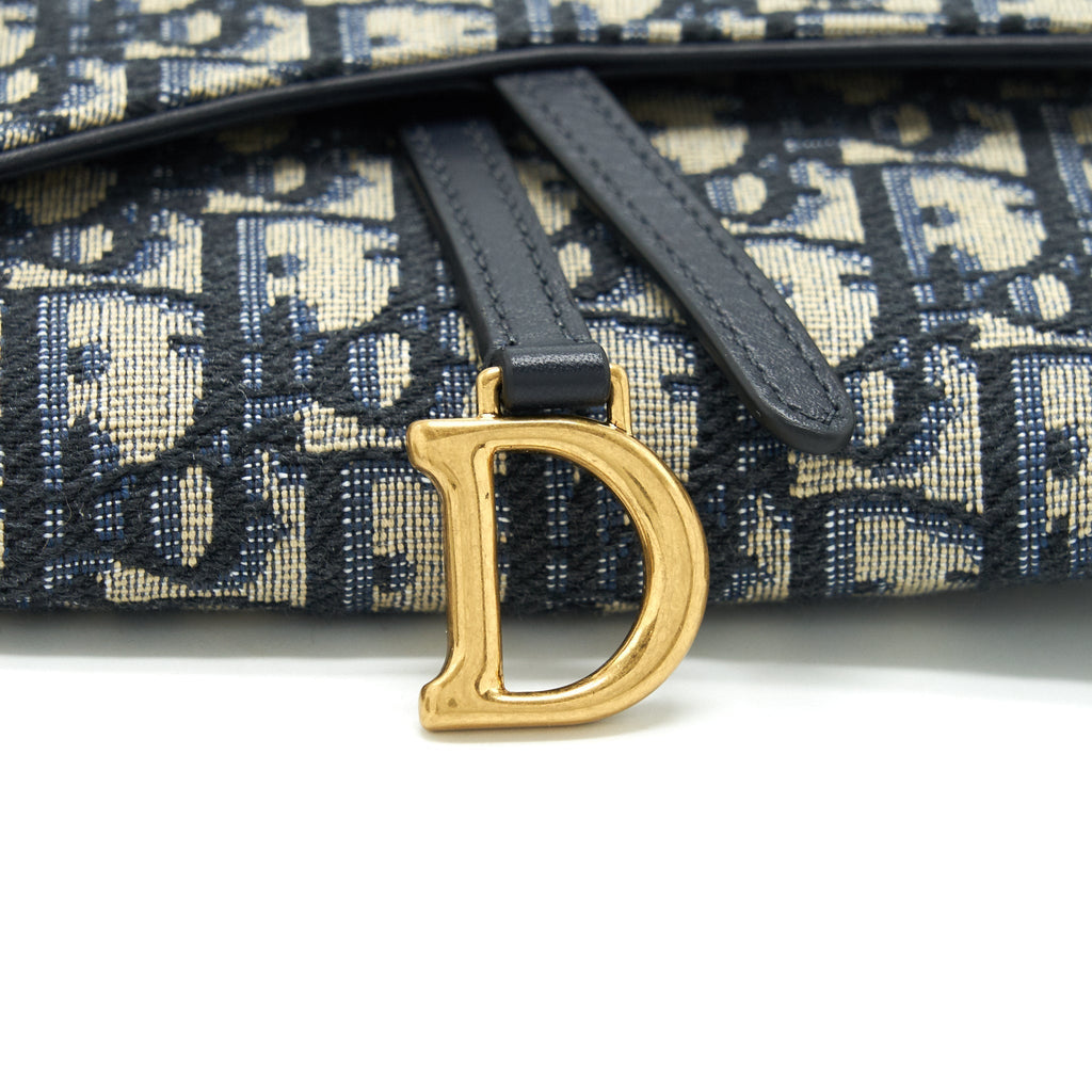 DIOR SADDLE WALLET ON CHAIN BLUE OBLIQUE JACQUARD