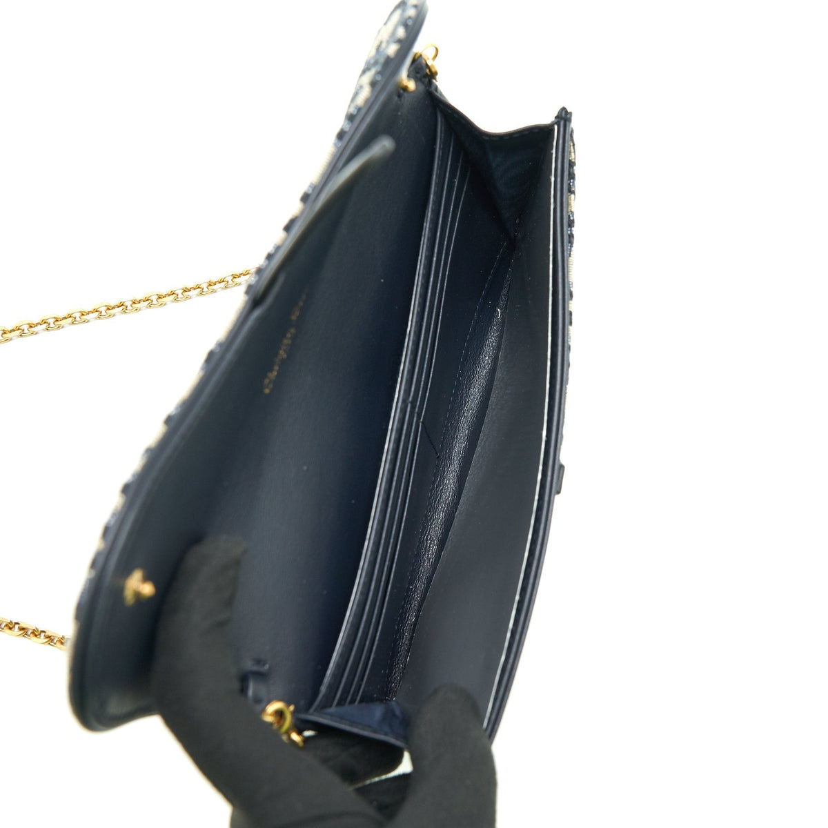 DIOR SADDLE WALLET ON CHAIN BLUE OBLIQUE JACQUARD