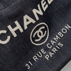 CHANEL DEAUVILLE TOTE BAG DENIM/CALFSKIN DARK BLUE SHW