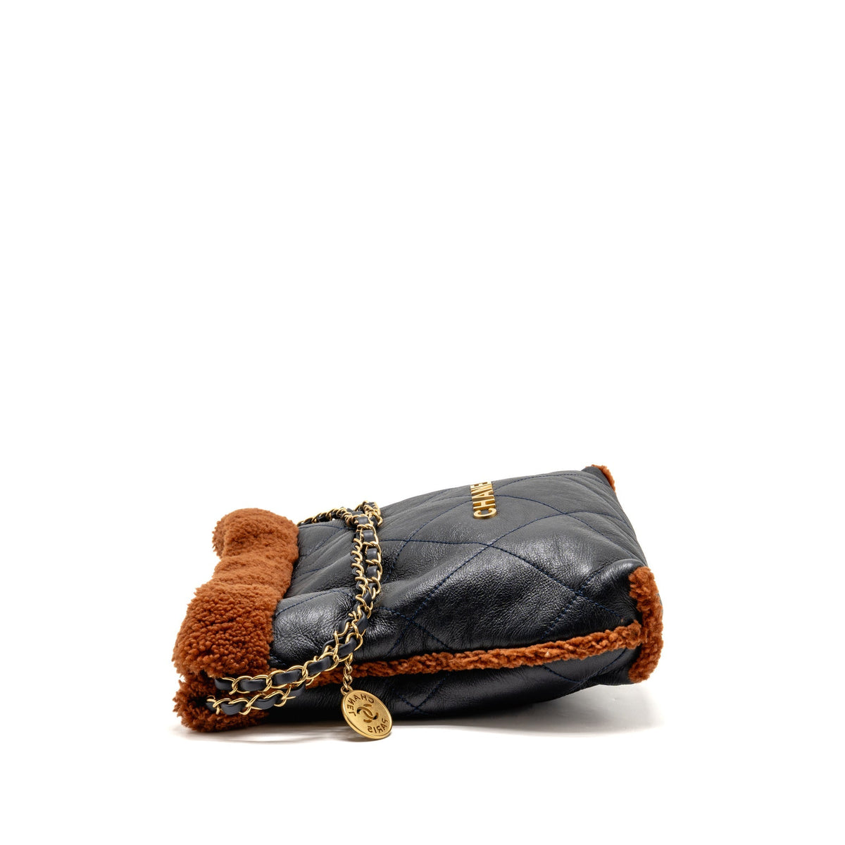 Chanel Small 22 Bag Shiny Aged Lambskin/Shearling Navy/Dark Brown GHW (Microchip)