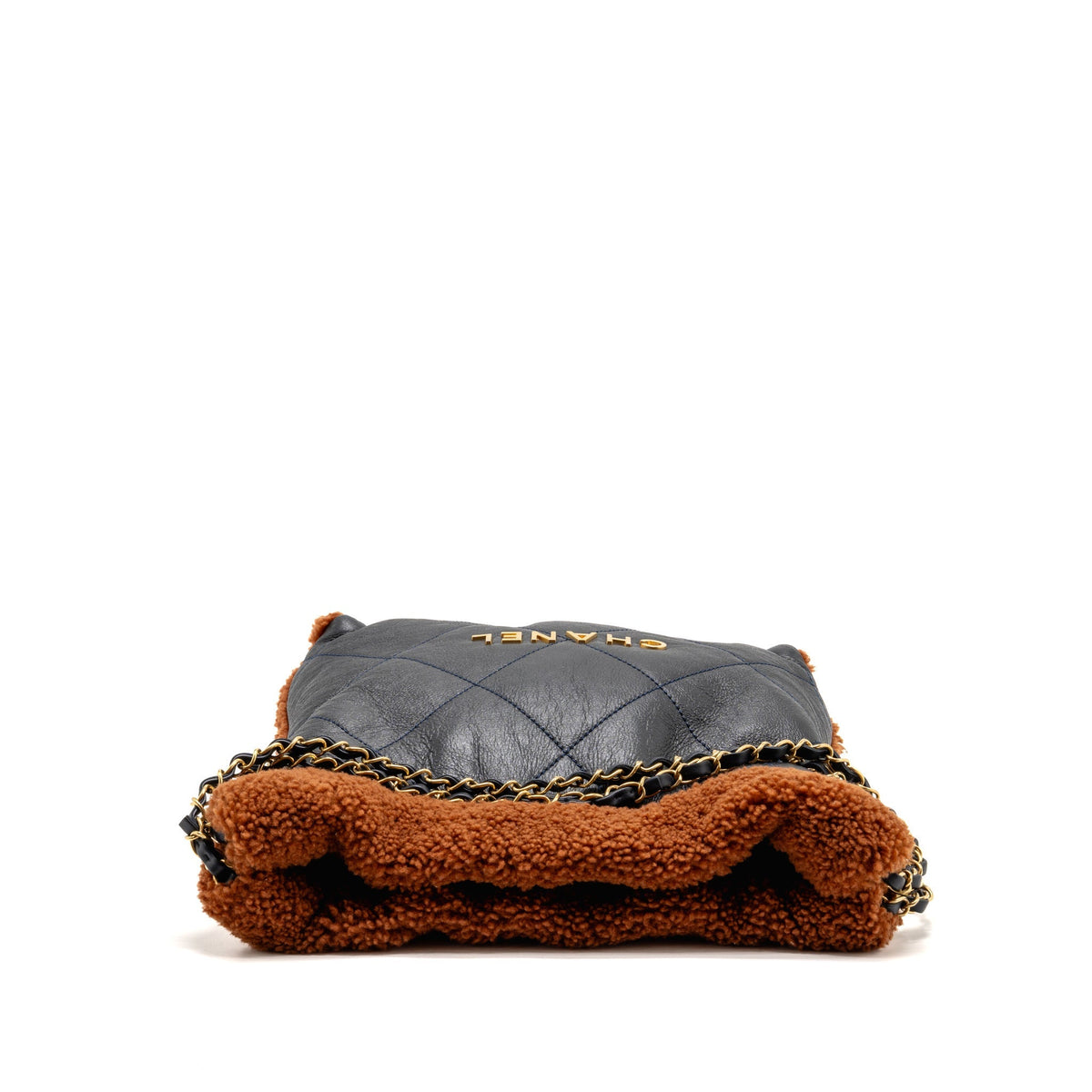 Chanel Small 22 Bag Shiny Aged Lambskin/Shearling Navy/Dark Brown GHW (Microchip)