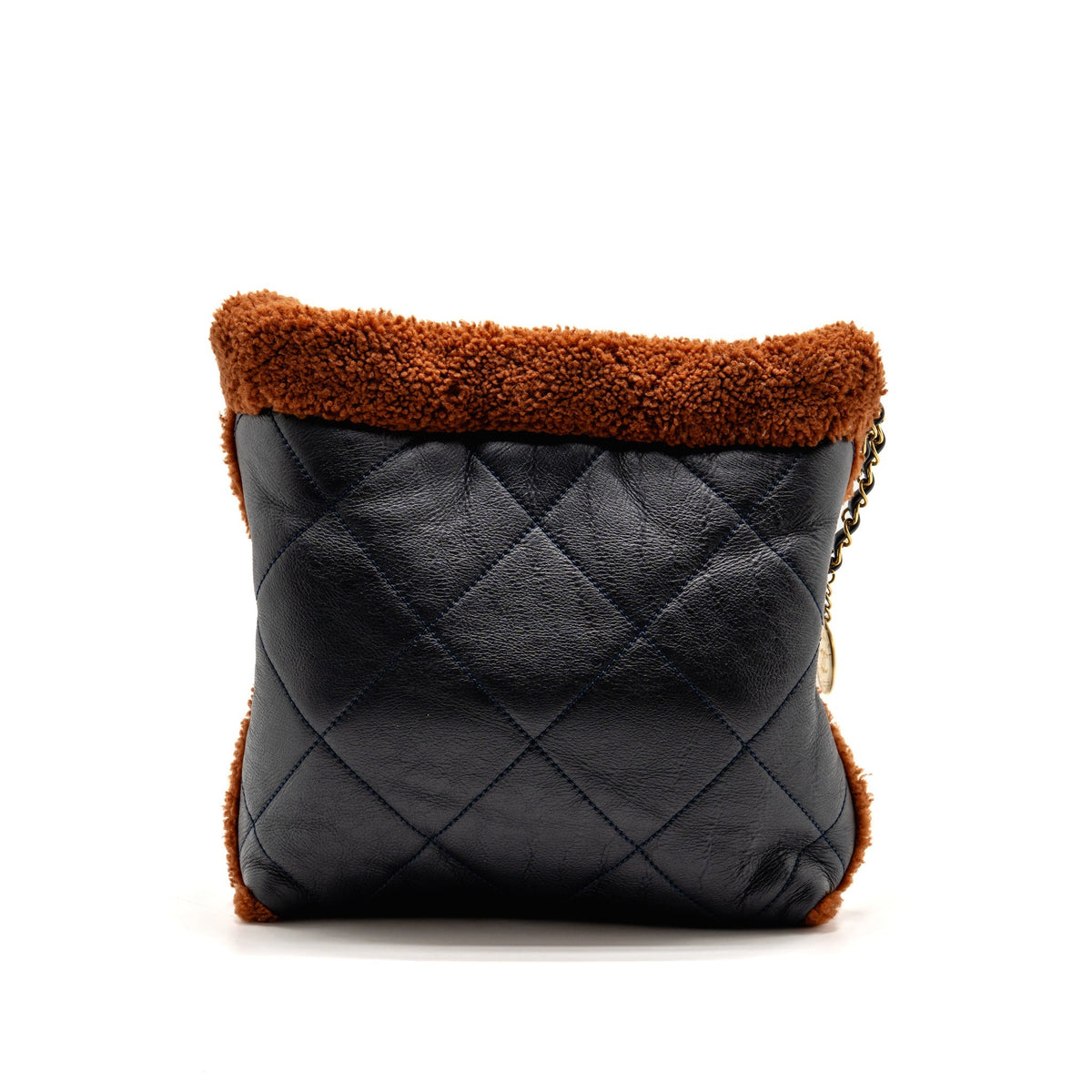 Chanel Small 22 Bag Shiny Aged Lambskin/Shearling Navy/Dark Brown GHW (Microchip)