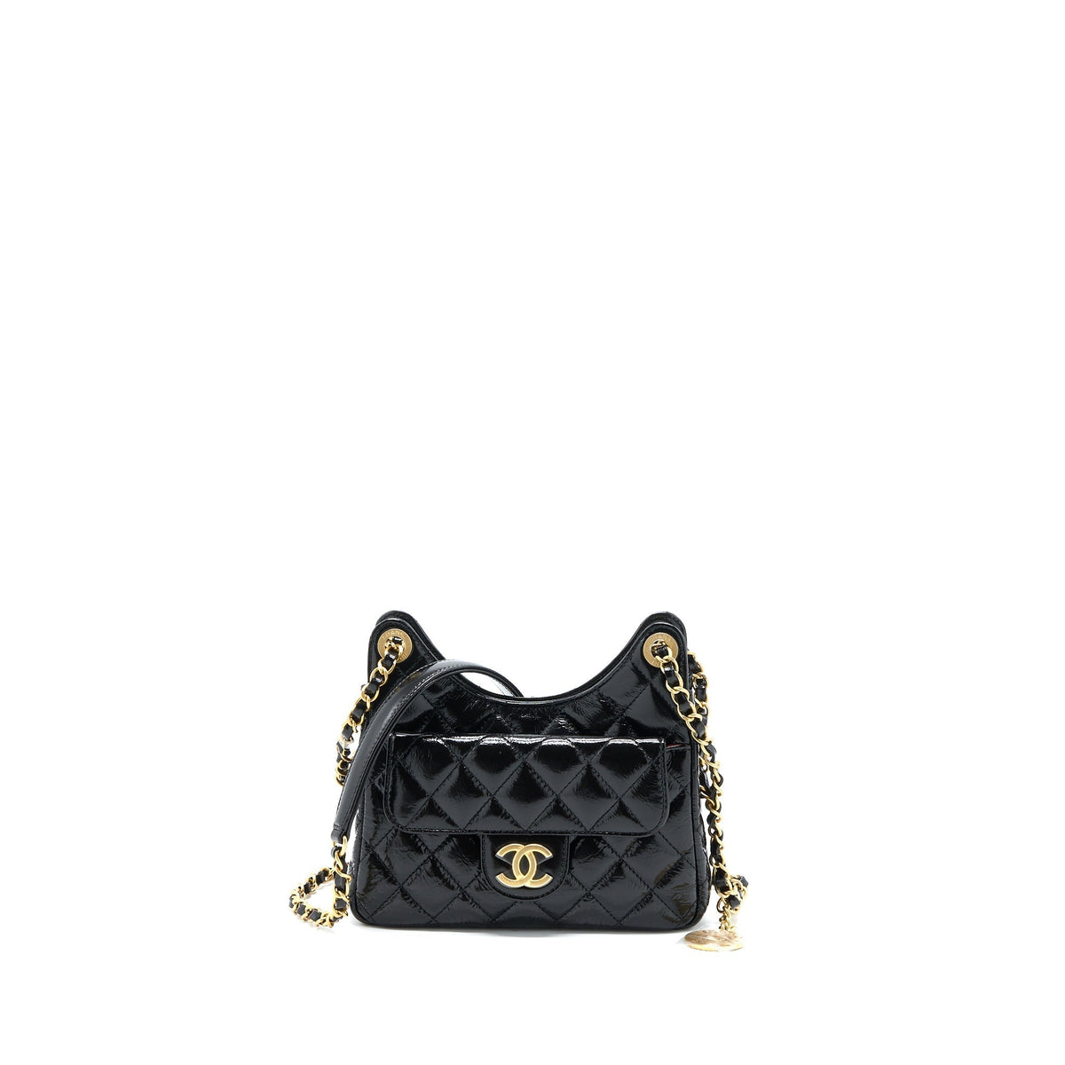 CHANEL 23C SMALL HOBO BAG SHINY CALFSKIN BLACK BRUSHED GHW (MICROCHIP)
