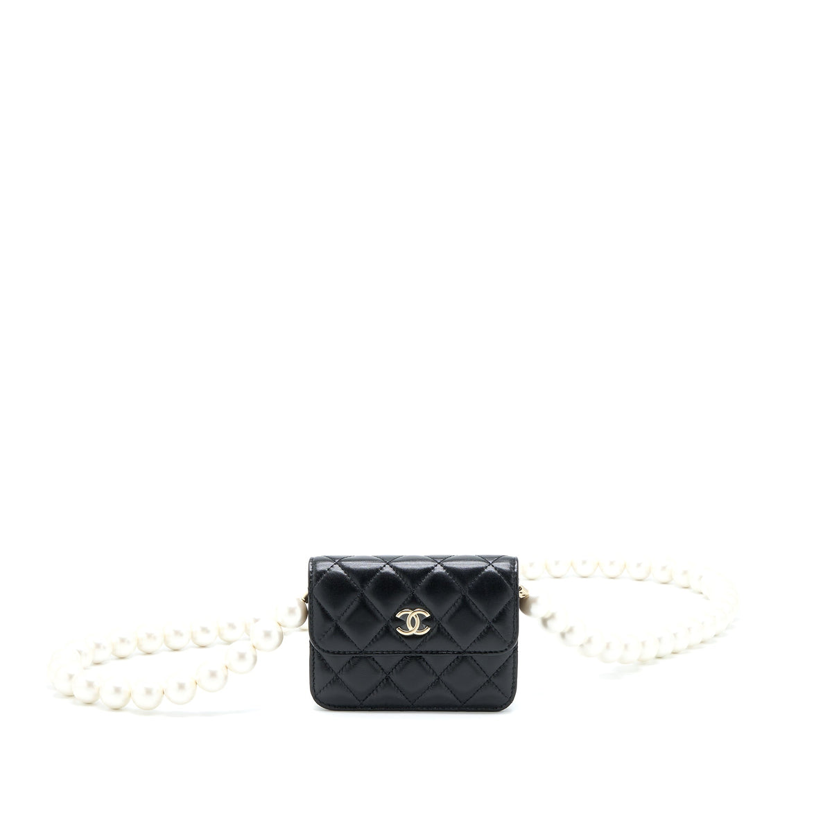 CHANEL MINI FLAP BAG WITH GIANT PEARL CHAIN LAMBSKIN BLACK LGHW