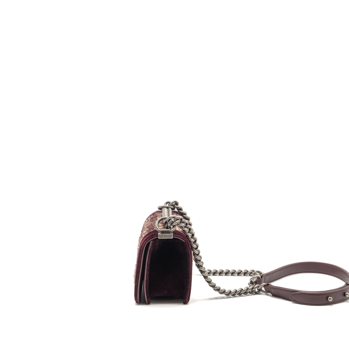 Chanel Small Boy Bag Tweed / Velvet / Lambskin Burgundy Ruthenium Hardware