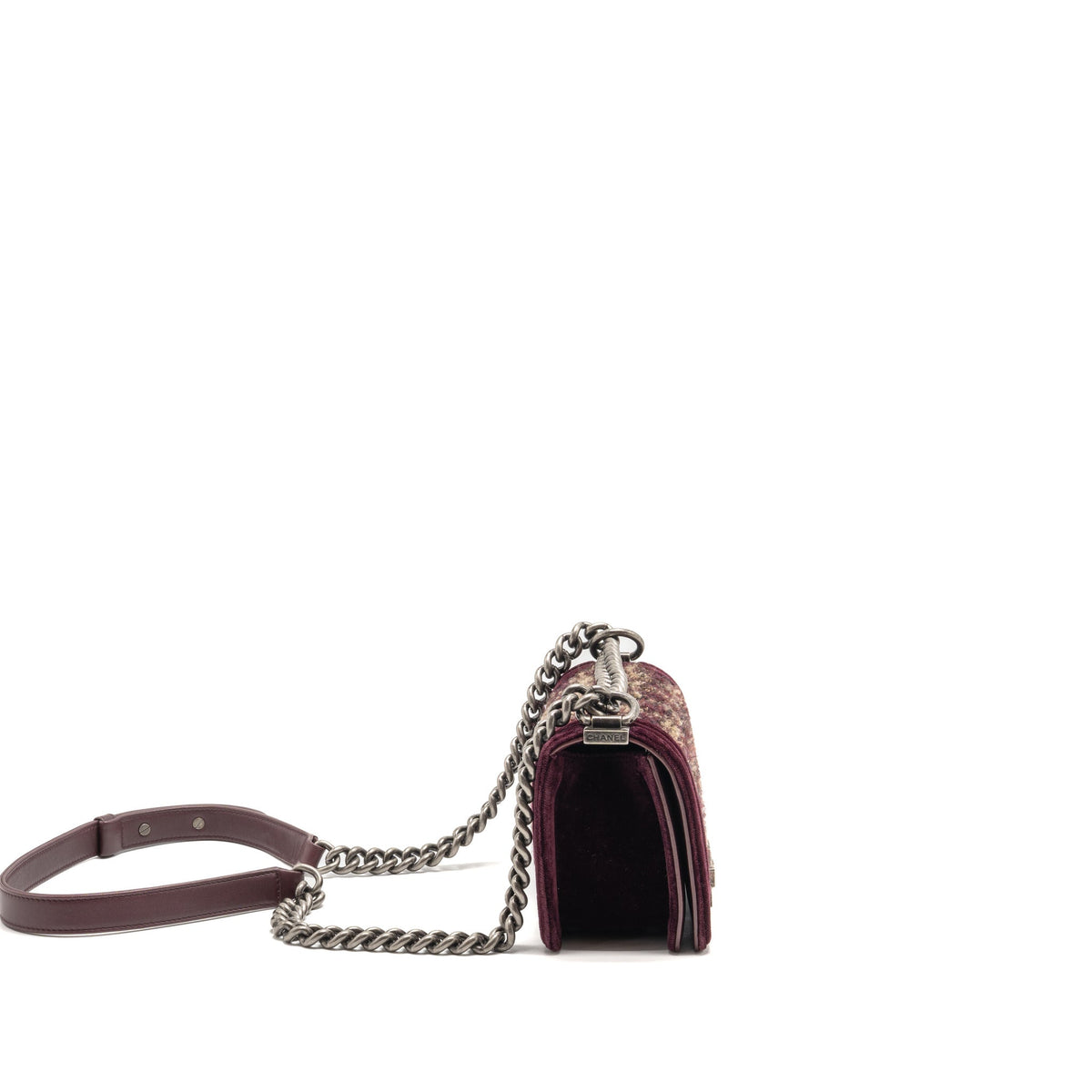Chanel Small Boy Bag Tweed / Velvet / Lambskin Burgundy Ruthenium Hardware