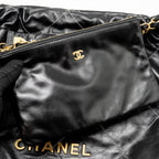 CHANEL MEDIUM 22 BAG WHITE STITCHING CALFSKIN BLACK GHW (MICROCHIP)