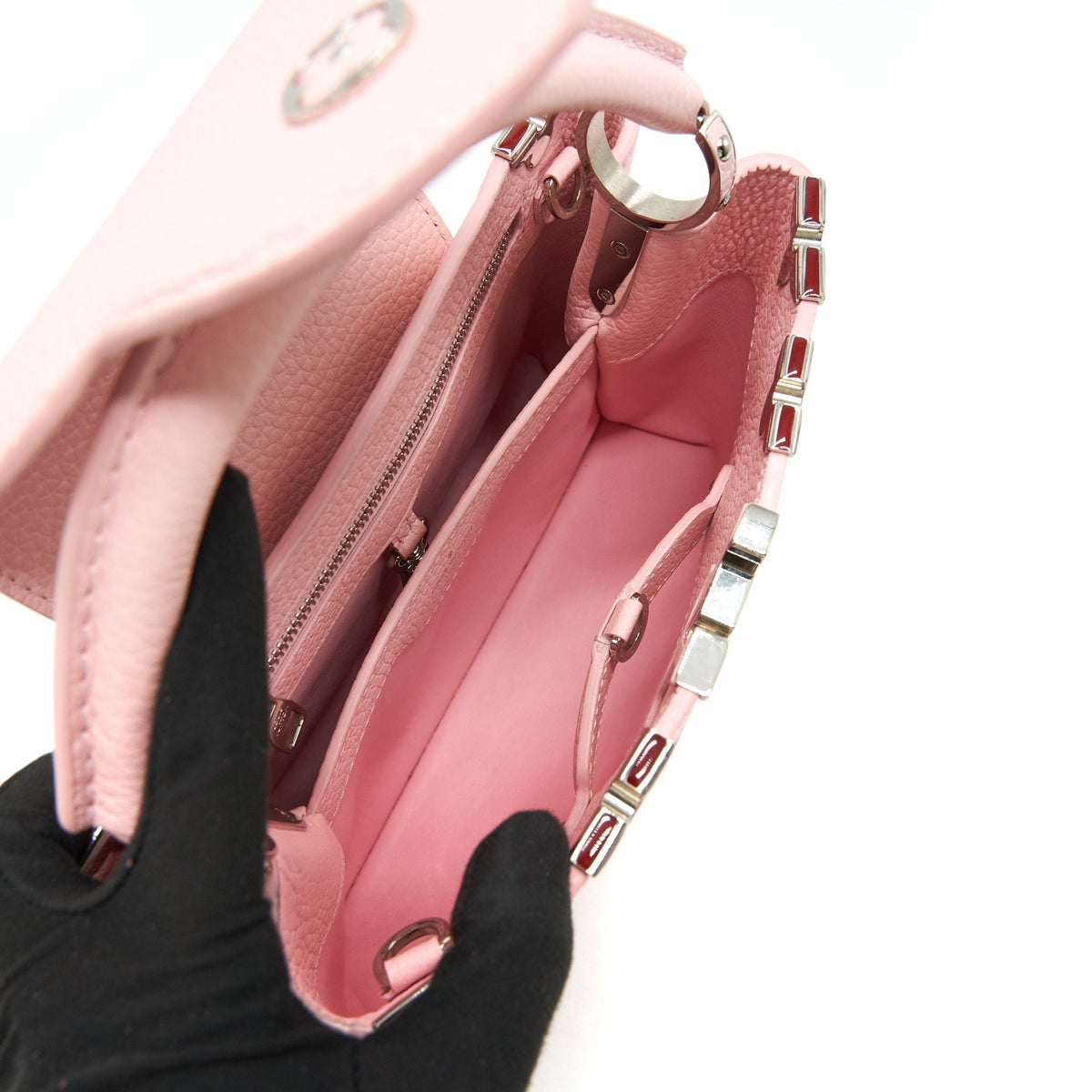 LOUIS VUITTON CAPUCINES BB IN PINK WITH RED FLORAL PATTERN