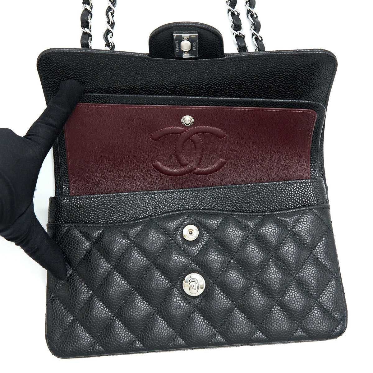 CHANEL SMALL CLASSIC FLAP BAG CAVIAR BLACK SHW (MICROCHIP)