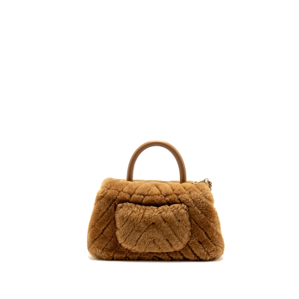 Chanel Small Chevron Coco Handle Bag Shearling Dark Beige LGHW