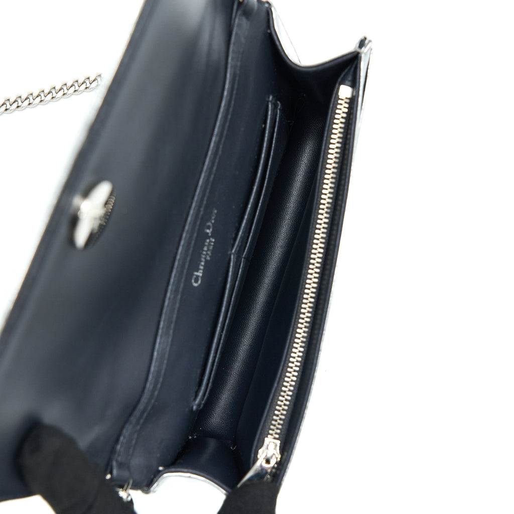 DIOR DIORAMA WALLET ON CHAIN PATENT METALLIC SILVER SHW