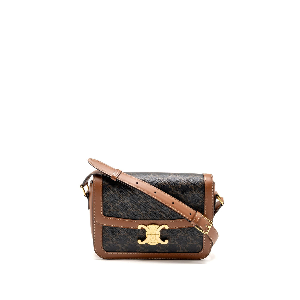 Celine Classique Triomphe bag in triomphe canvas and calfskin tan GHW