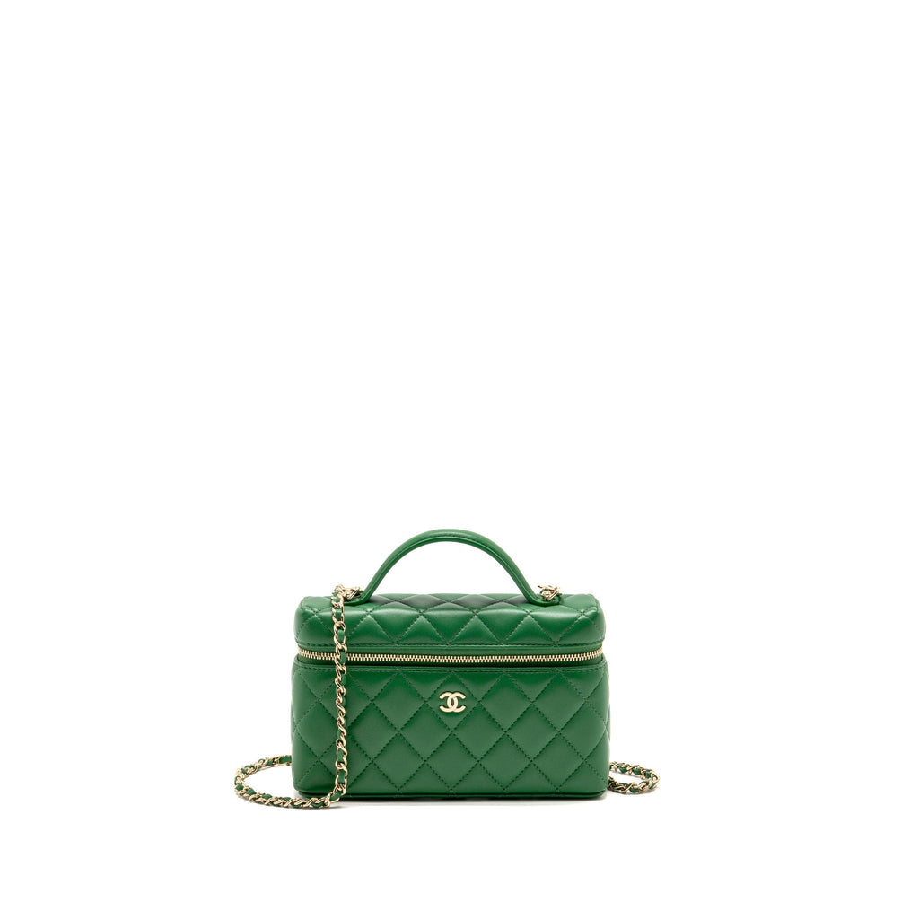 Chanel Top Handle Long Vanity Case with Chain Lambskin Green LGHW (Microchip)