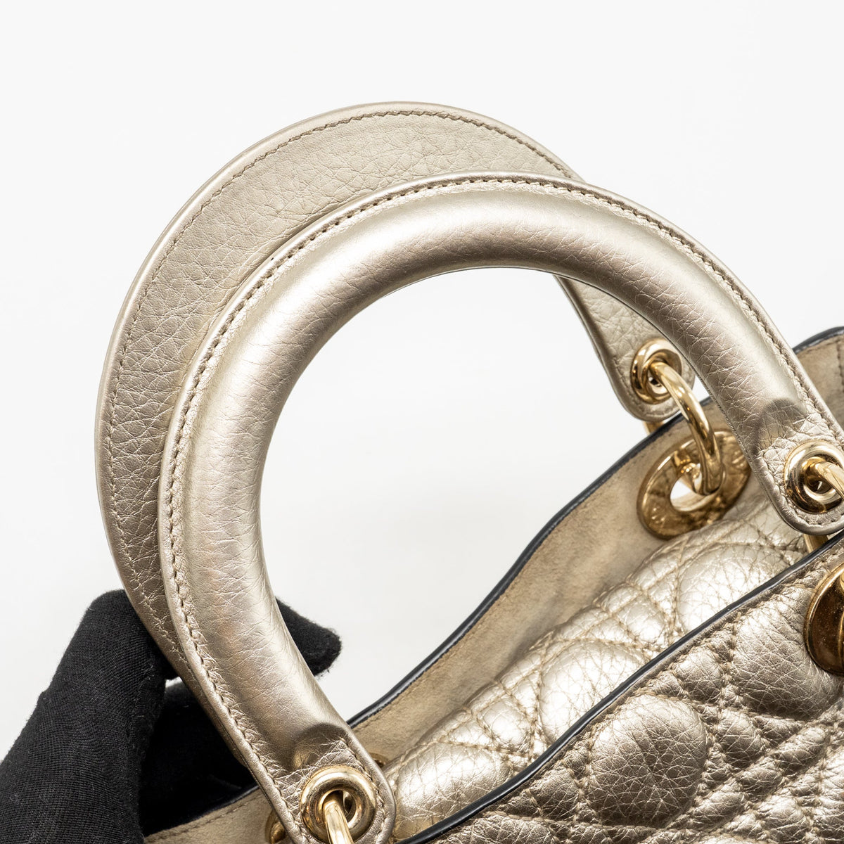 DIOR MEDIUM LADY DIOR CANNAGE CALFSKIN METALLIC GOLD LGHW