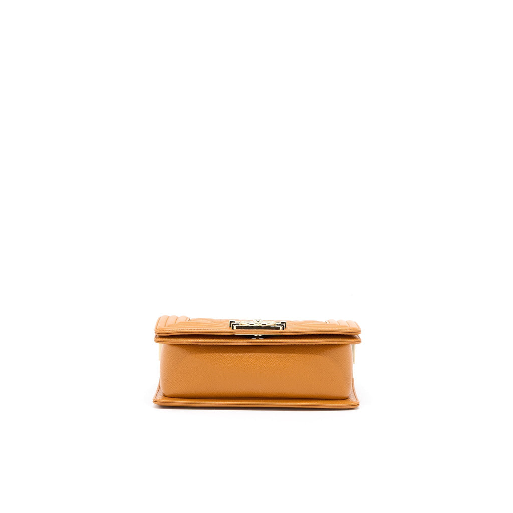 CHANEL SMALL BOY BAG CAVIAR 21A NC630 CARAMEL LGHW (MICROCHIP)