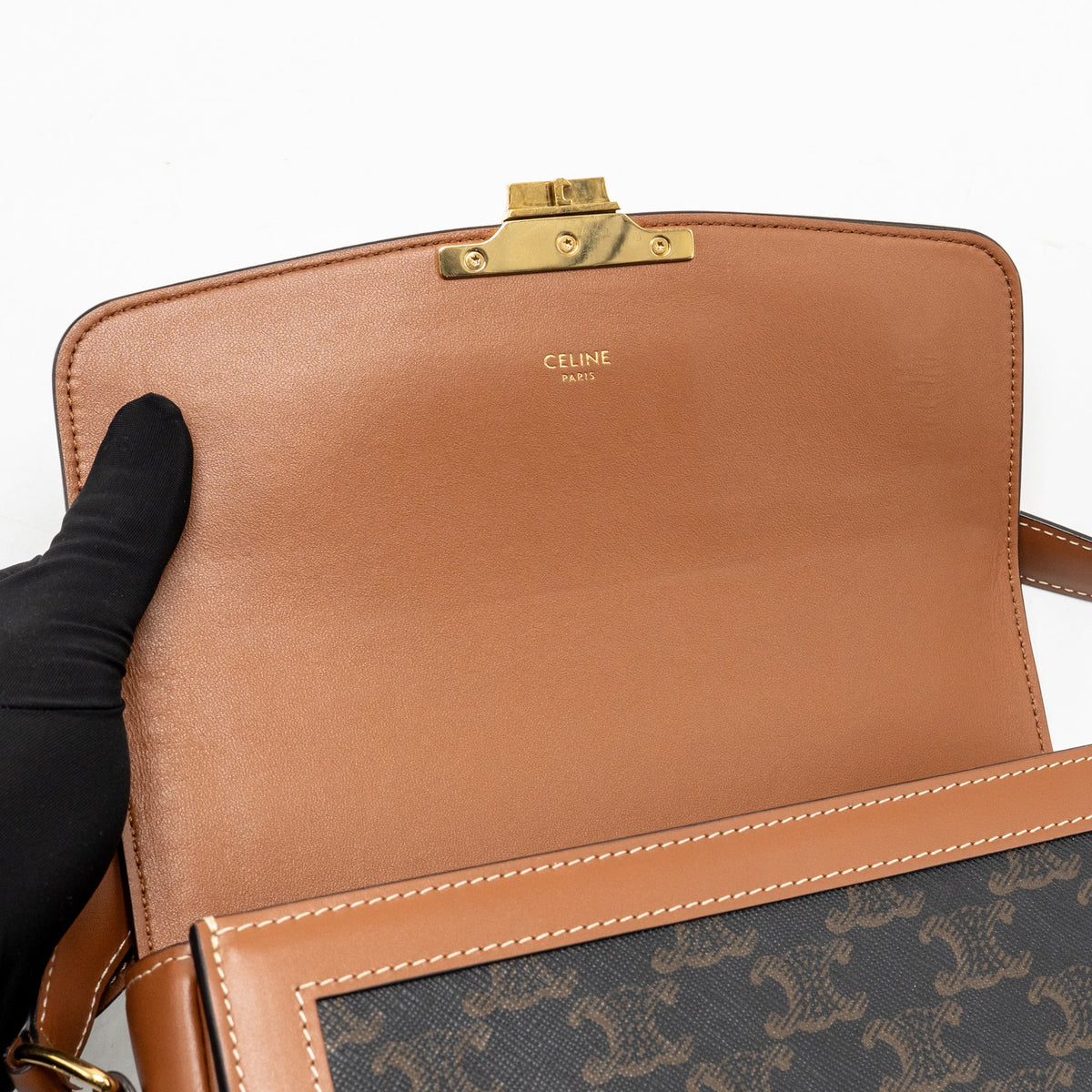 Celine Classique Triomphe bag in triomphe canvas and calfskin tan GHW