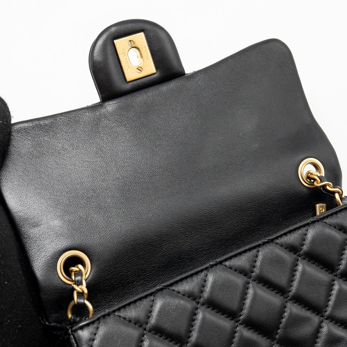 CHANEL PEARL CRUSH MINI RECTANGULAR FLAP BAG LAMBSKIN BLACK GHW (MICROCHIP)