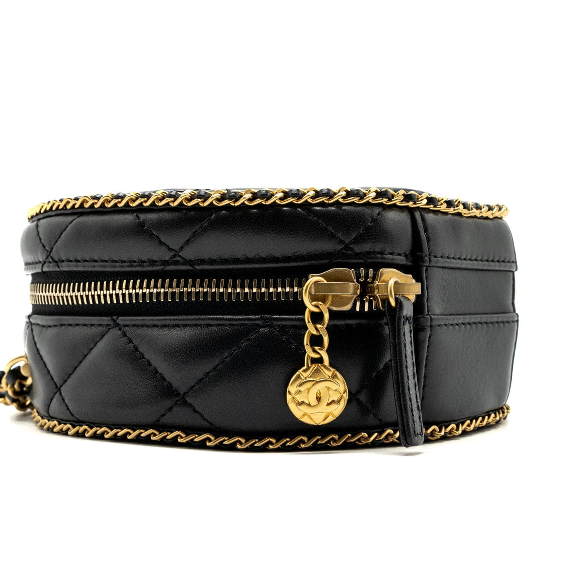 CHANEL ROUND VANITY WITH CHAIN LAMBSKIN BLACK GHW (MICROCHIP) NO