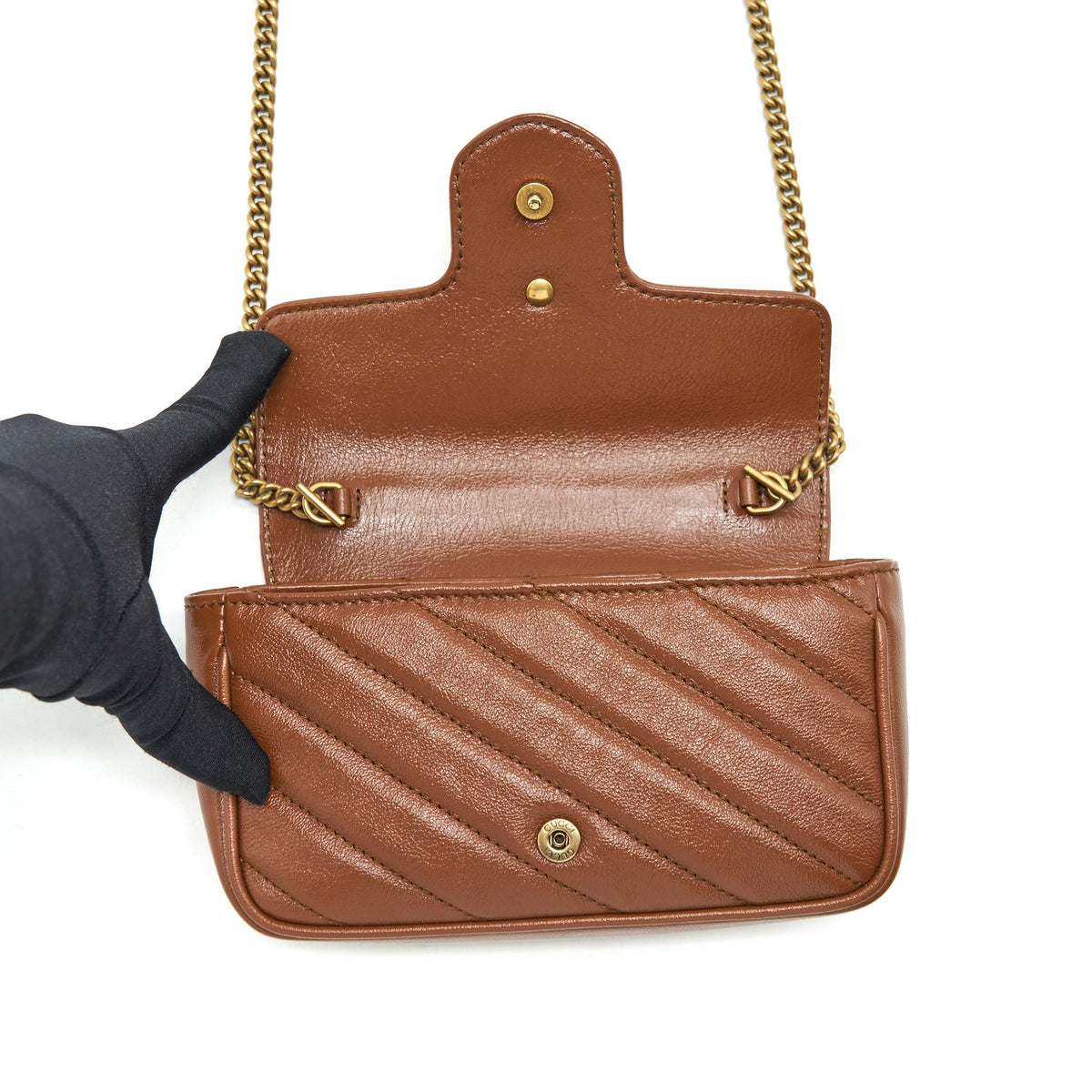 GUCCI GG MARMONT MATELASSE SUPER MINI BAG BROWN GHW