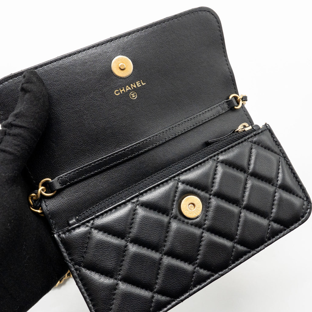 CHANEL PEARL CRUSH MINI FLAP WALLET ON CHAIN LAMBSKIN BLACK GHW (MICROCHIP)