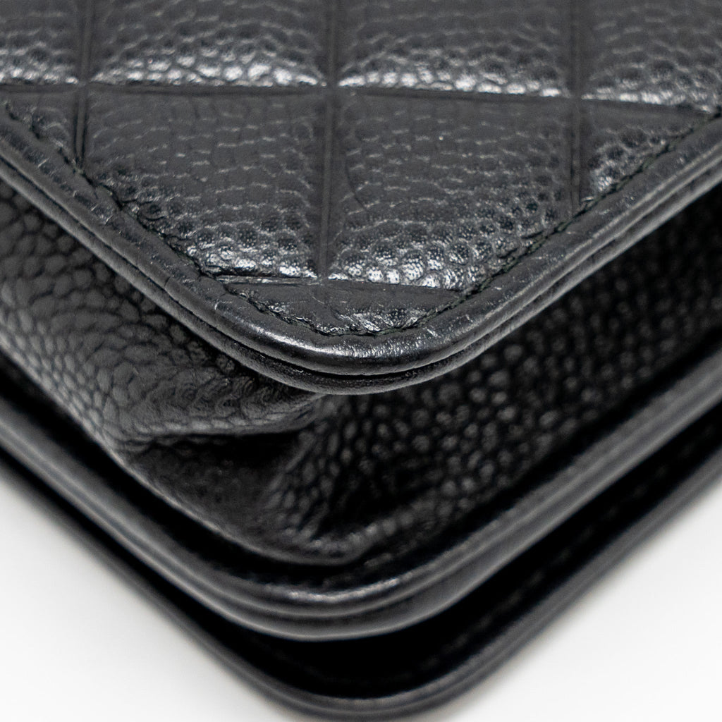 CHANEL QUILTED DIAMOND CC LOGO WALLET ON CHAIN CAVIAR BLACK SHW