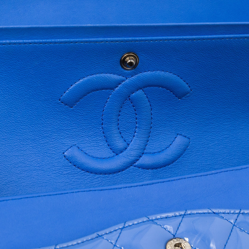 CHANEL MEDIUM CLASSIC DOUBLE FLAP BAG PATENT LIGHT BLUE SHW