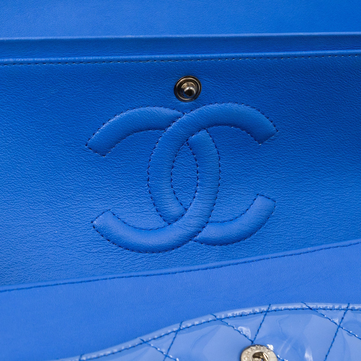 CHANEL MEDIUM CLASSIC DOUBLE FLAP BAG PATENT LIGHT BLUE SHW