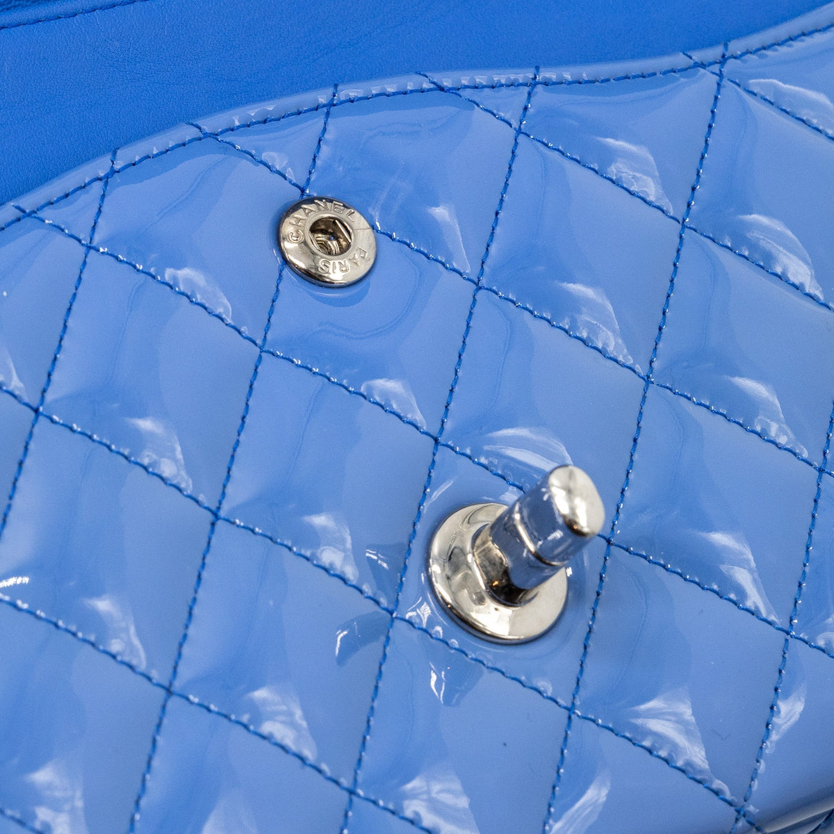 CHANEL MEDIUM CLASSIC DOUBLE FLAP BAG PATENT LIGHT BLUE SHW