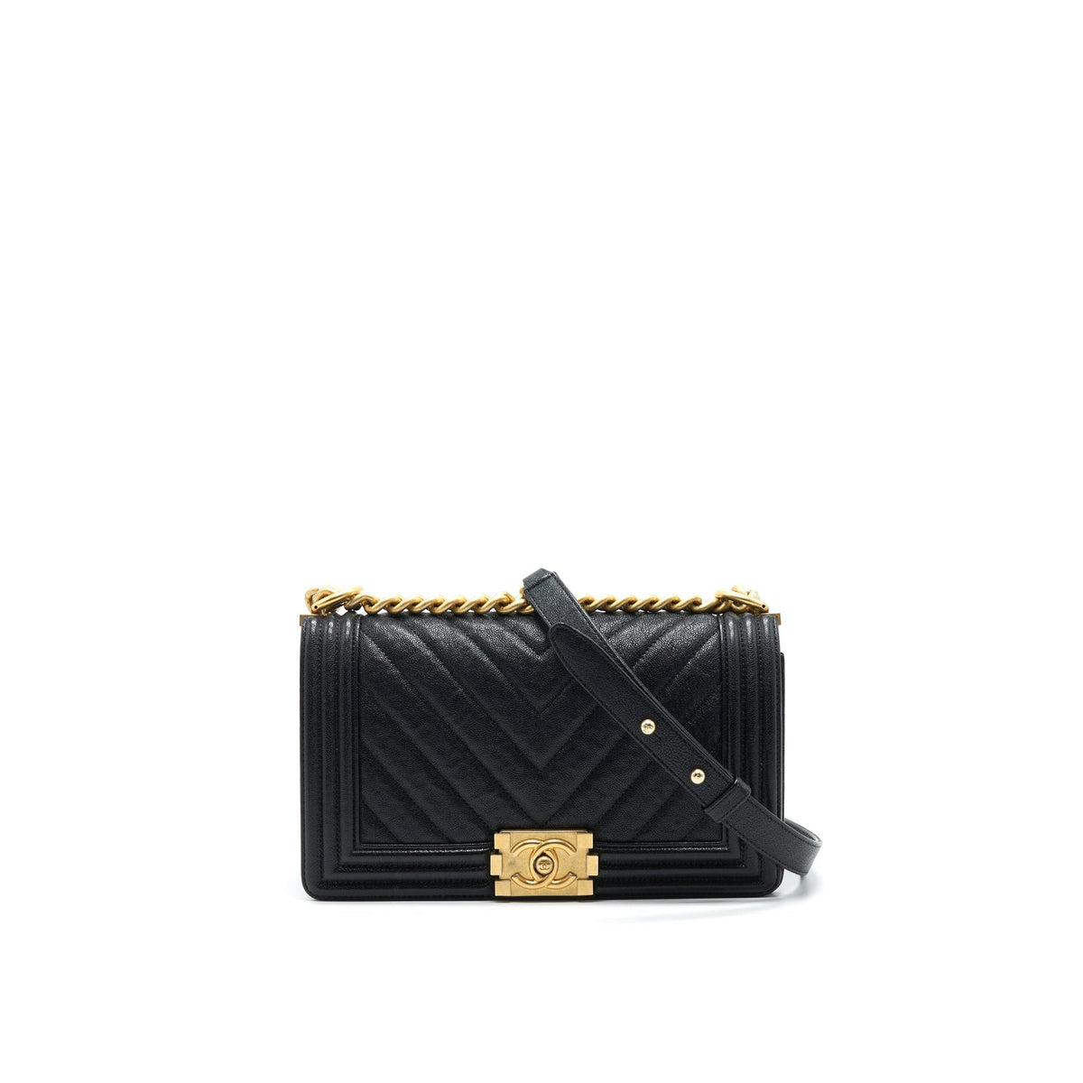 CHANEL CHEVRON MEDIUM BOY CHANEL HANDBAG CAVIAR BLACK GHW