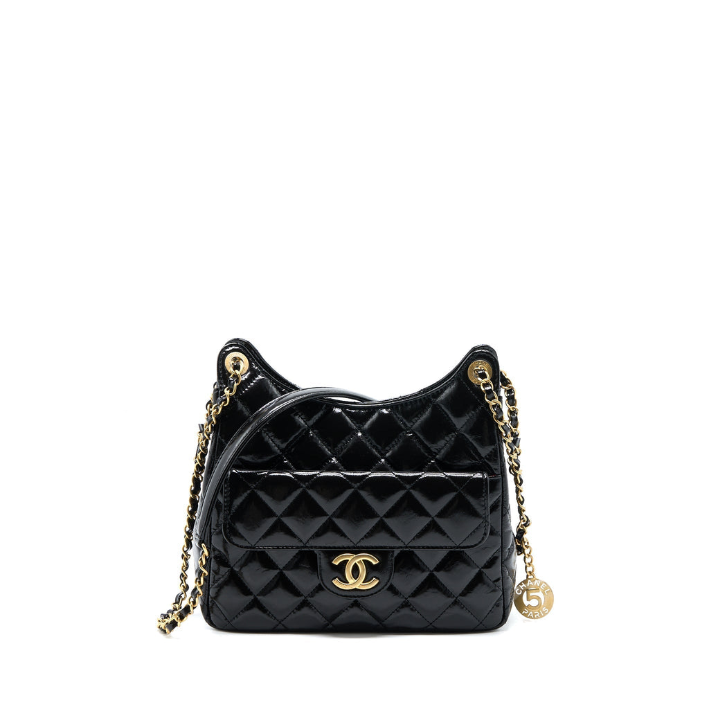 CHANEL 23C HOBO BAG SHINY CALFSKIN BLACK BRUSHED GHW(MICROCHIP)