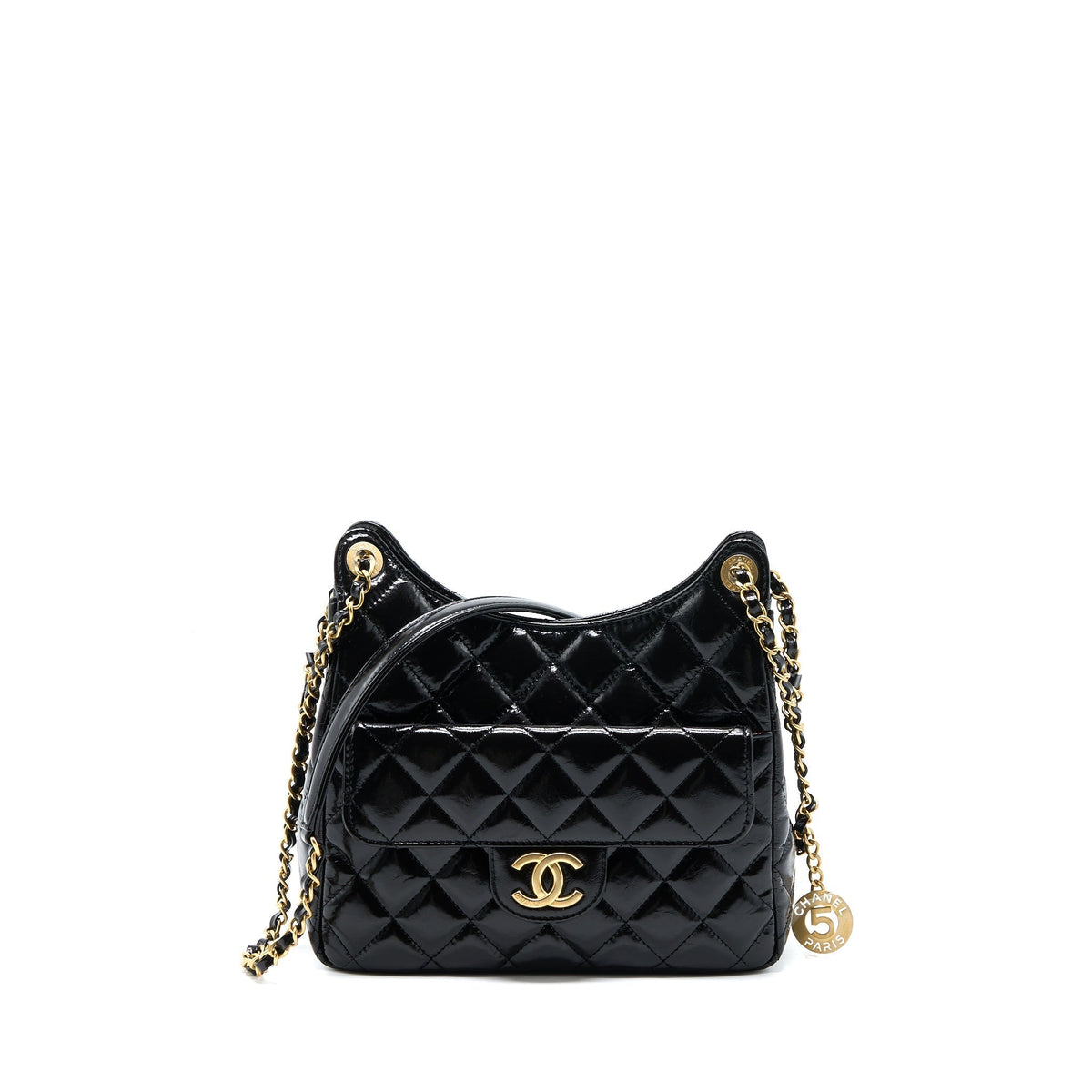 CHANEL 23C HOBO BAG SHINY CALFSKIN BLACK BRUSHED GHW(MICROCHIP)
