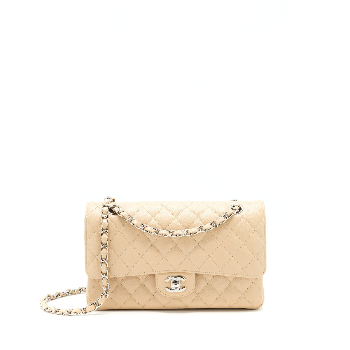 CHANEL MEDIUM CLASSIC DOUBLE FLAP BAG CAVIAR BEIGE SHW
