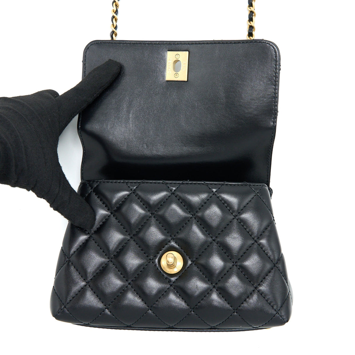 CHANEL 22A MINI COCO HANDLE WITH DETAILED LETTER HANDLE CALFSKIN BLACK BRUSHED GHW (MICROCHIP)