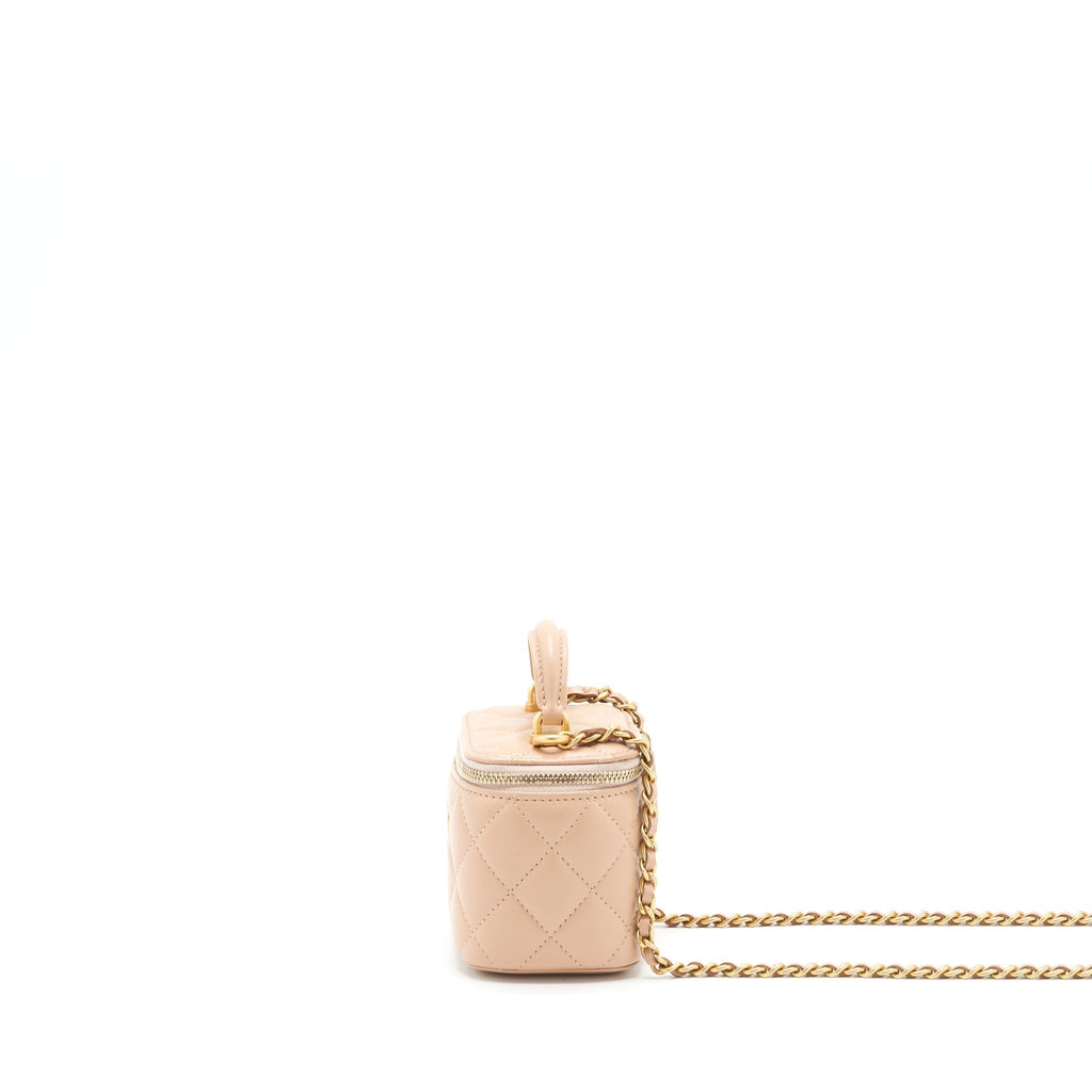 CHANEL TOP HANDLE MINI VANITY ON CHAIN LAMBSKIN BEIGE GHW