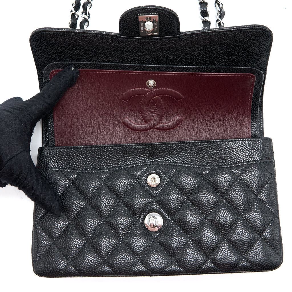 CHANEL SMALL CLASSIC DOUBLE FLAP BAG CAVIAR BLACK SHW (MICROCHIP)