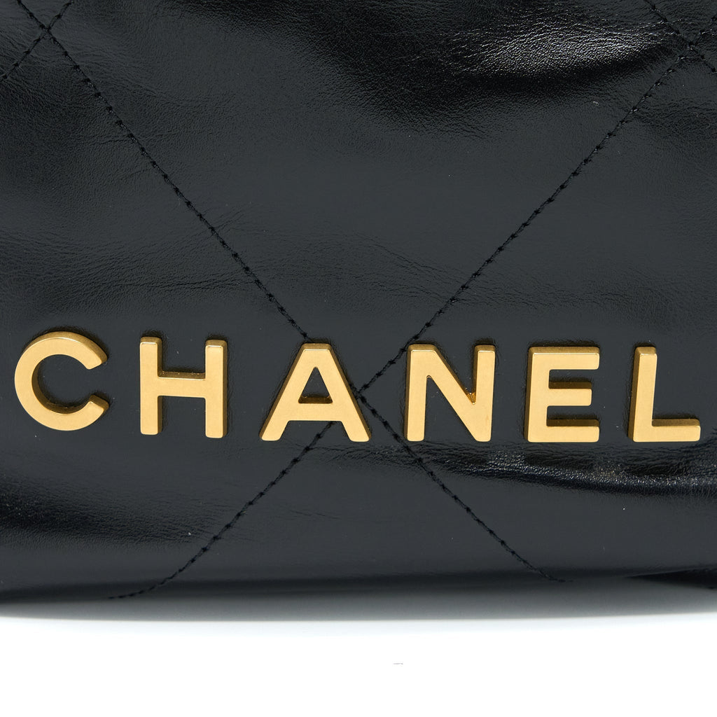 CHANEL MINI 22 BAG SHINY CALFSKIN BLACK BRUSHED GHW (MICROCHIP)