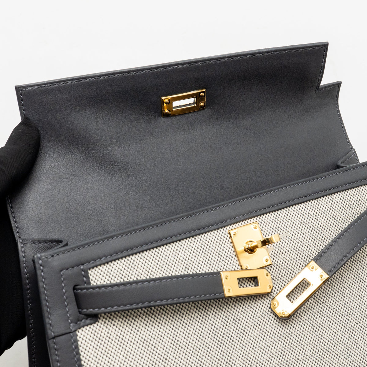 Hermes Kelly 25 TOILE H/SWIFT Ecru-Ardoise/Ardoise GHW