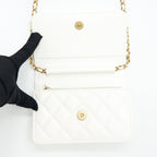 CHANEL SMALL WALLET ON CHAIN WITH RIBBON CHAIN LAMBSKIN WHITE GHW